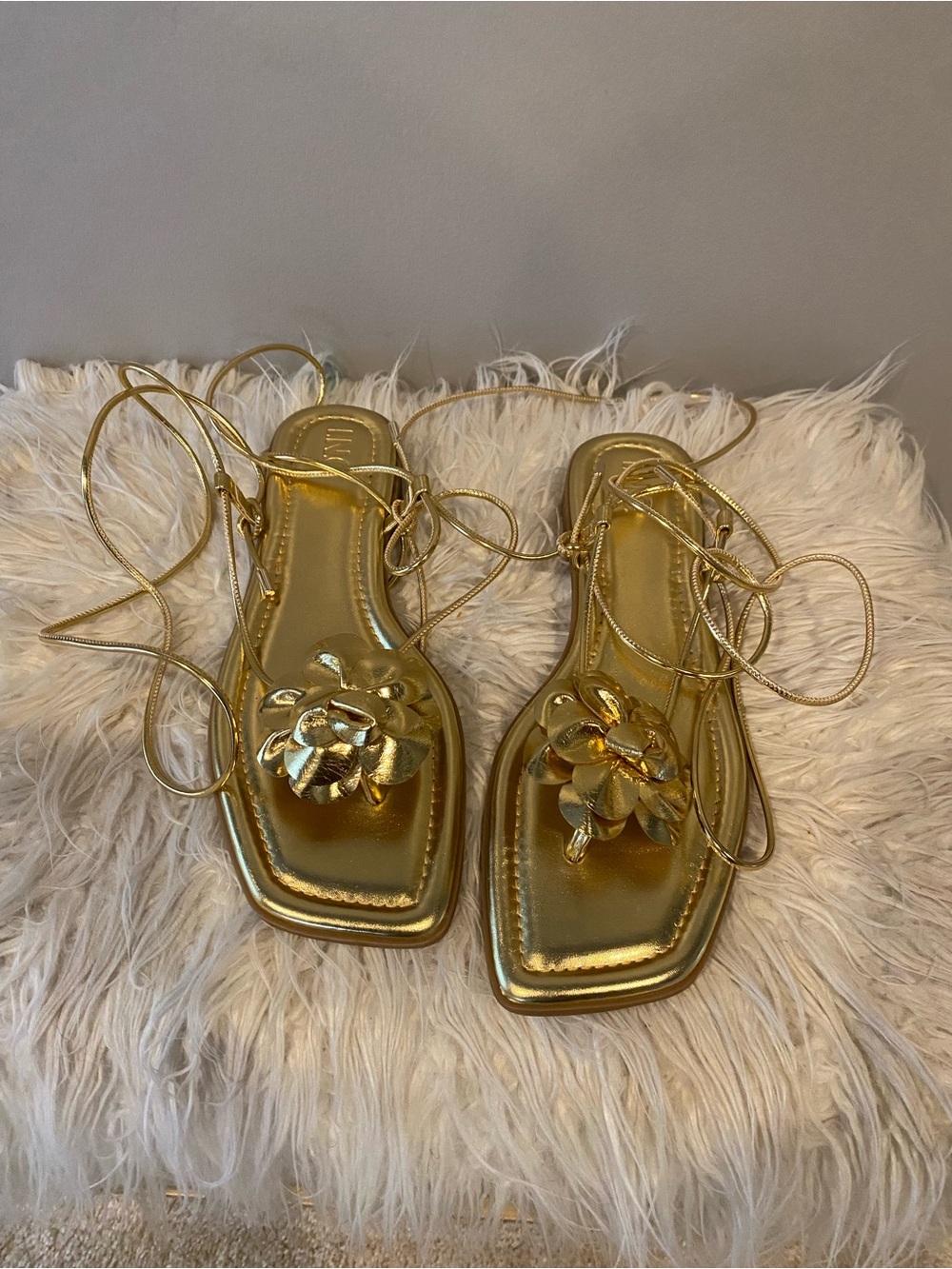 INC International Concepts Gold Metallic Lace-Up Floral Sandals